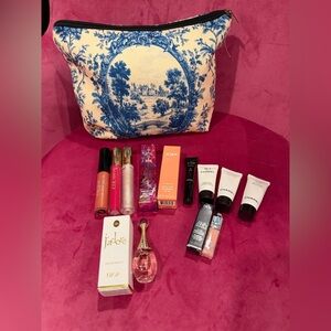 Assorted Lip Glosses, Perfume & Skincare Set with Blue Toile Pouch